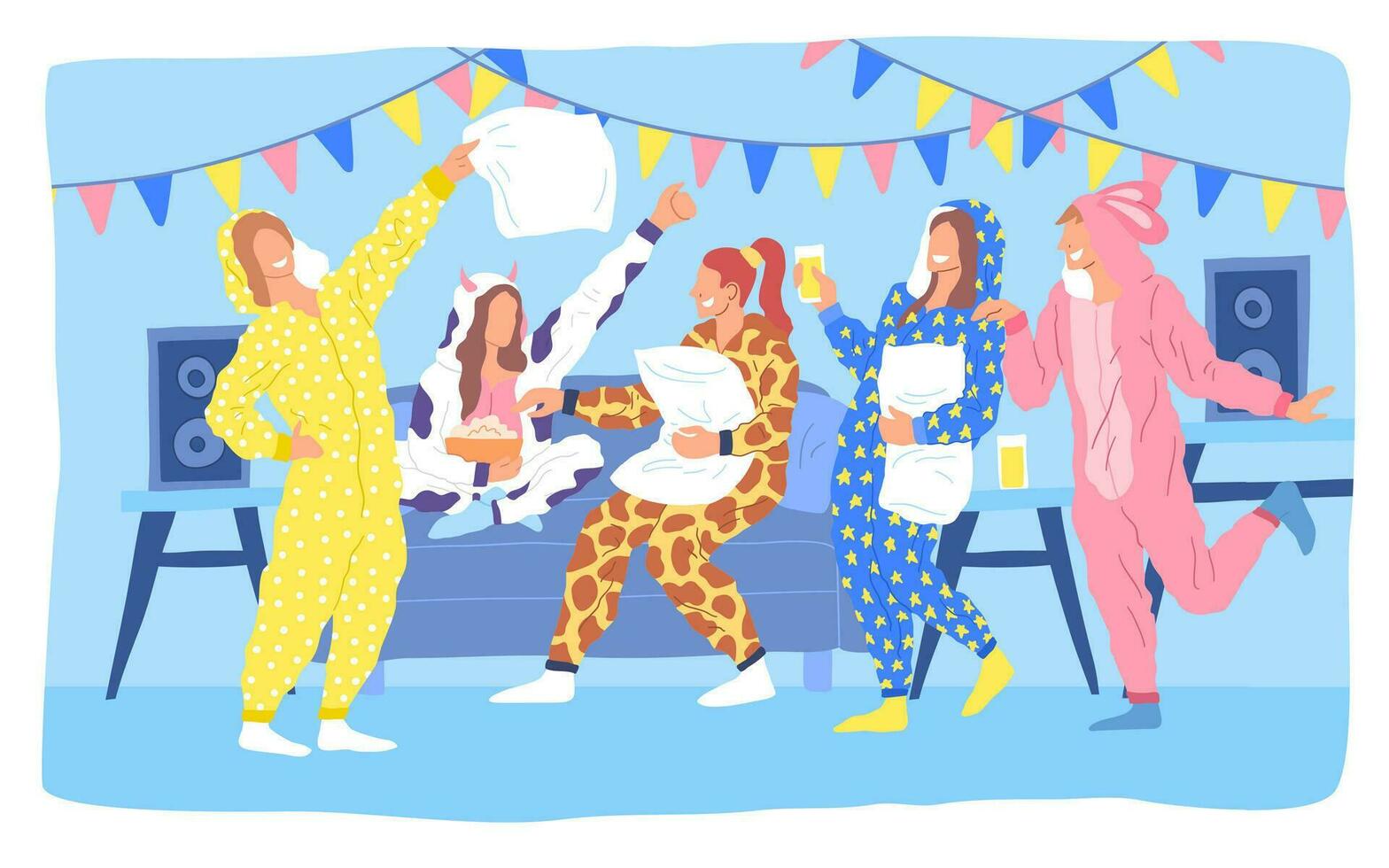 tecknad serie Färg tecken människor och kigurumi pyjamas fest begrepp. vektor