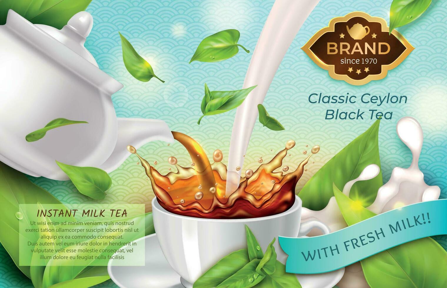 realistisk detaljerad 3d klassisk svart te med färsk mjölk annonser baner begrepp affisch kort. vektor