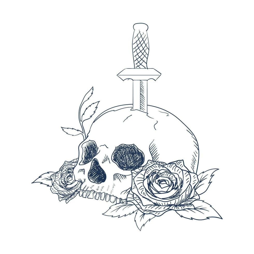 ein Mensch Schädel mit Rosen und Dolch tätowieren skizzieren auf Weiß Hintergrund vektor