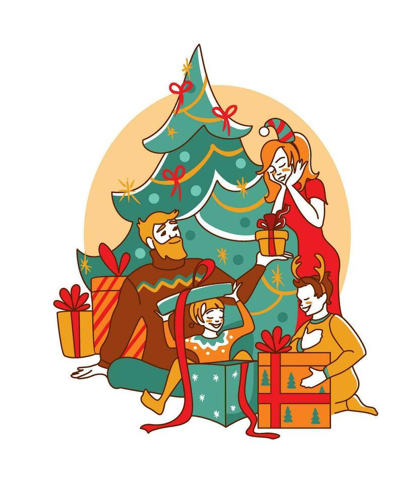 glücklich Familie Auspacken Weihnachten die Geschenke. Weihnachten Feier. Familie Feiertage. Weihnachten Baum. Geschenke. Traditionen. Vektor. vektor