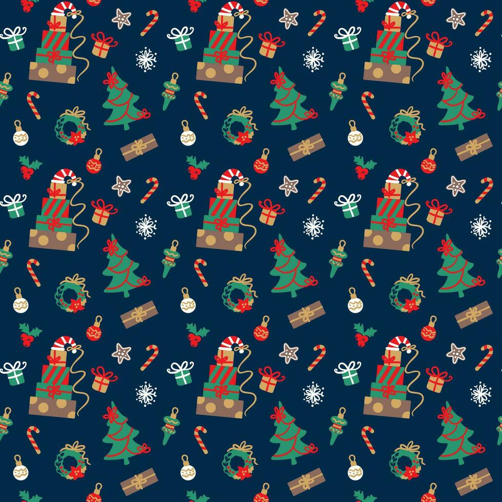 jul sömlös mönster, jul träd, santa hatt, gåva låda, firande vektor