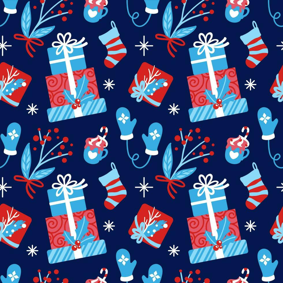 gåva lådor och presenterar på jul och ny år på blå bakgrund. jul skriva ut. sömlös mönster. vektor