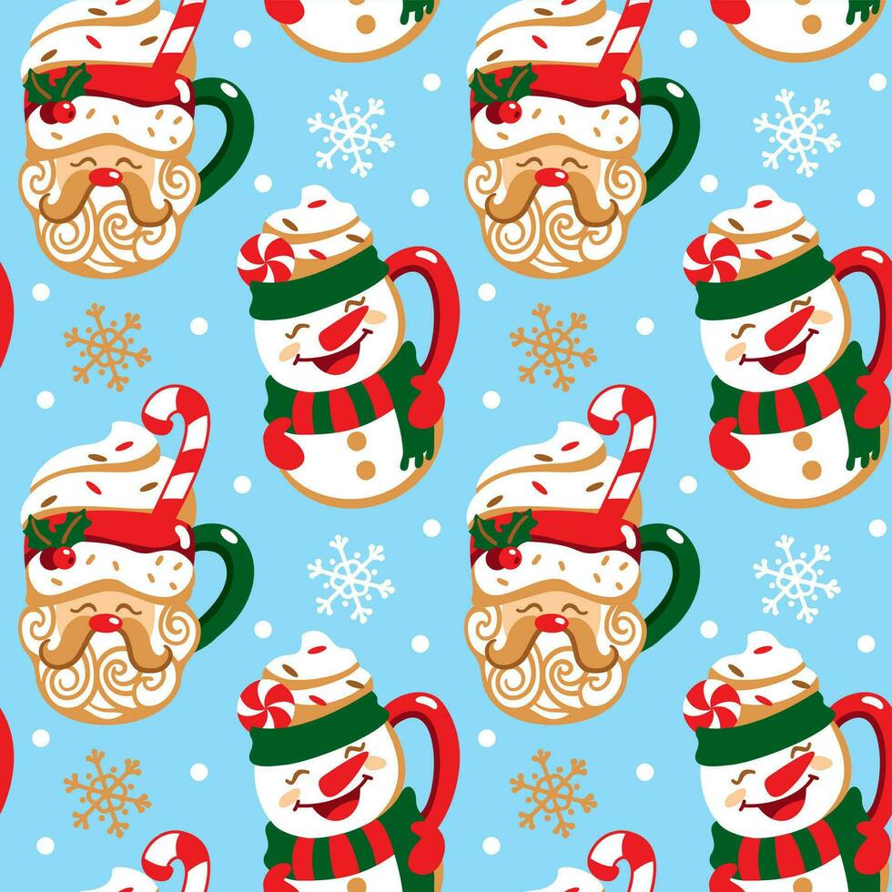 Weihnachten Tassen im das gestalten von ein Santa clausand Schneemann. süß drucken. nahtlos Muster. vektor