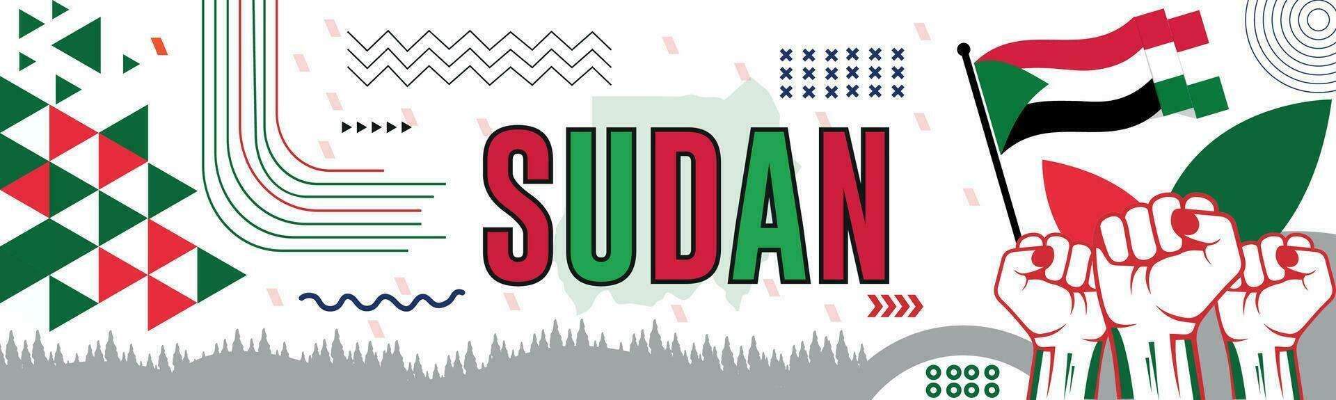 Süd Sudan National Tag Banner mit Karte, Flagge Farben Thema Hintergrund und geometrisch abstrakt retro modern schwarz Gelb rot Design. abstrakt modern Design. vektor