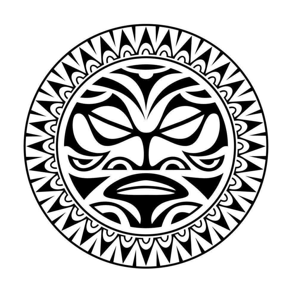 runda tatuering prydnad med Sol ansikte maori stil. afrikansk, azteker eller mayan etnisk mask. svart och vit. vektor