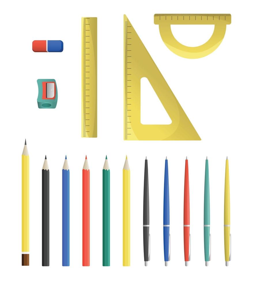 Satz von Schule stationäre Bleistiftspitzer Bleistifte Stifte Dreieck Lineal Winkelmesser Radiergummi isoliert auf weißem Hintergrund vektor