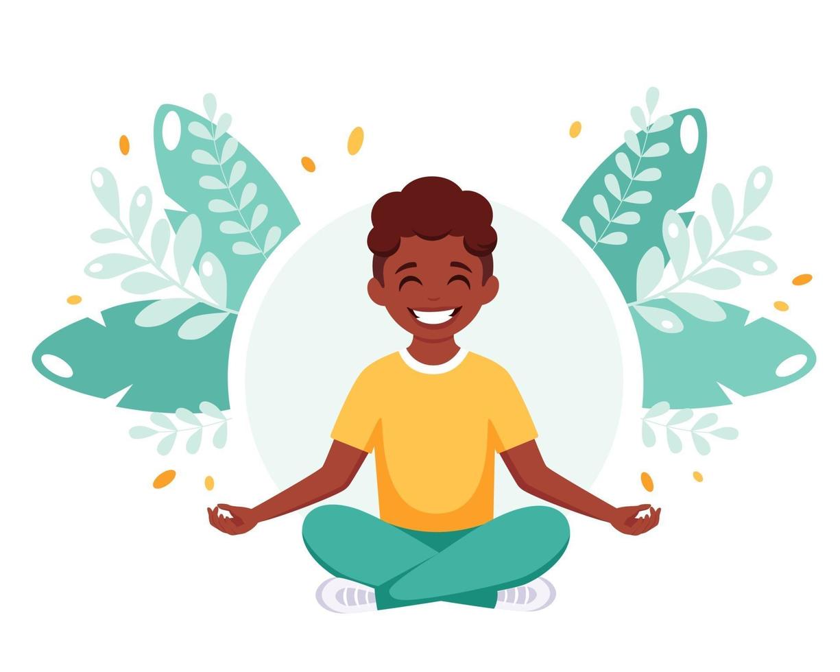 Afroamerikanischer Junge, der in Lotuspose meditiert. Gymnastik, Yoga und Meditation für Kinder. vektor