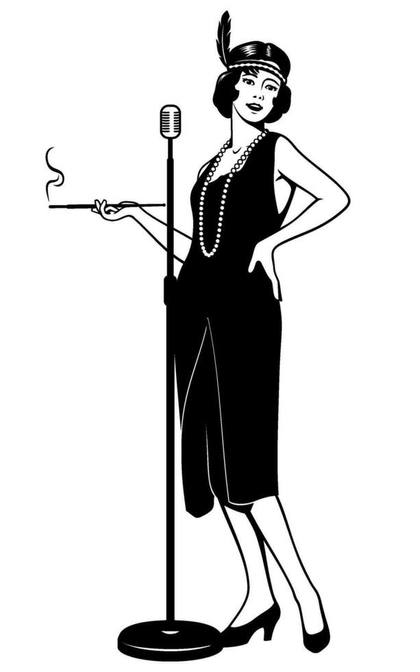 Jazz Sänger Frau 20er Jahre, 30er Jahre. schwarz und Weiß Tinte Stil Vektor Clip Art. Mikrofon mit Stand ist das trennen Objekt.