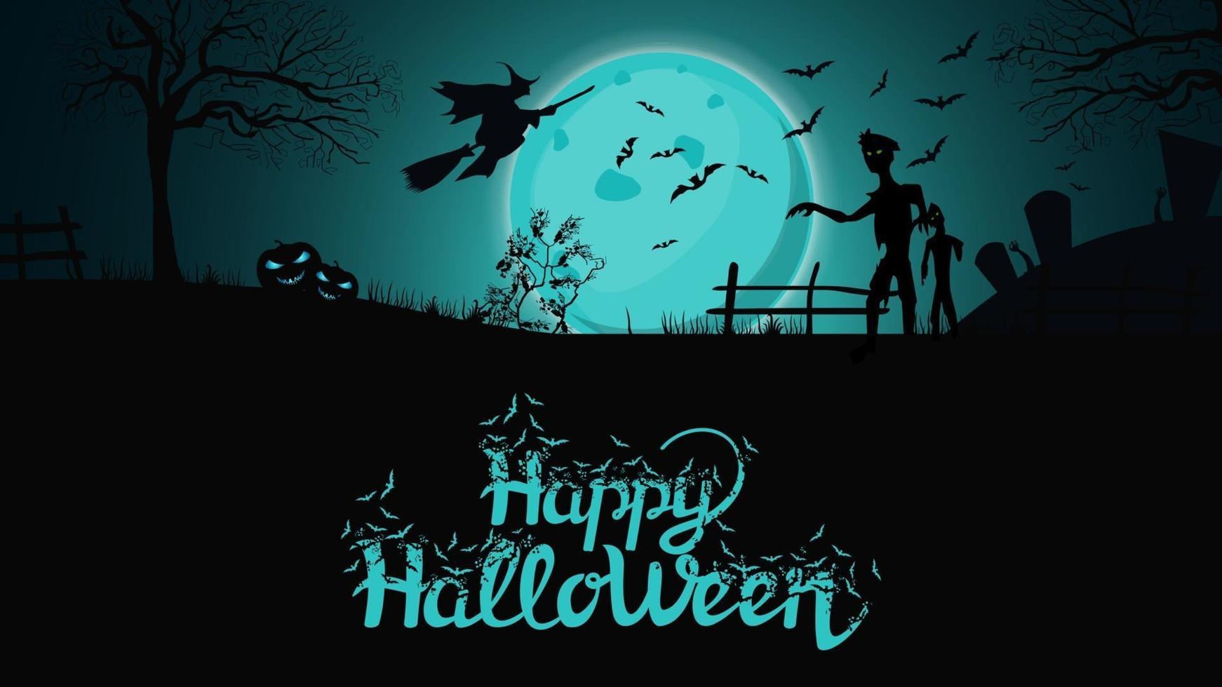 Halloween-Hintergrund, Vorlage für Ihre Kreativität mit Nachtlandschaft mit großem blauem Vollmond, Zombie, Hexen und Kürbissen. Vorlage mit Platz für Text vektor