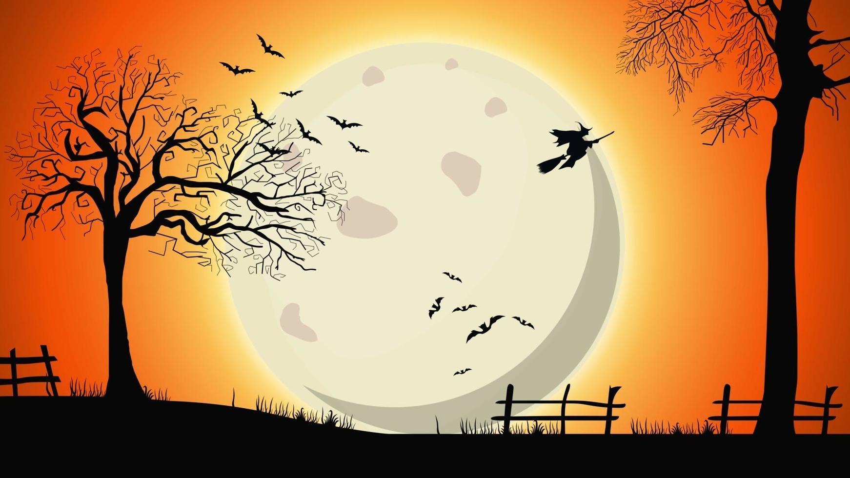 Halloween-Hintergrund, Nachtlandschaft mit großem gelbem Vollmond, alten Bäumen und Hexen am Himmel vektor