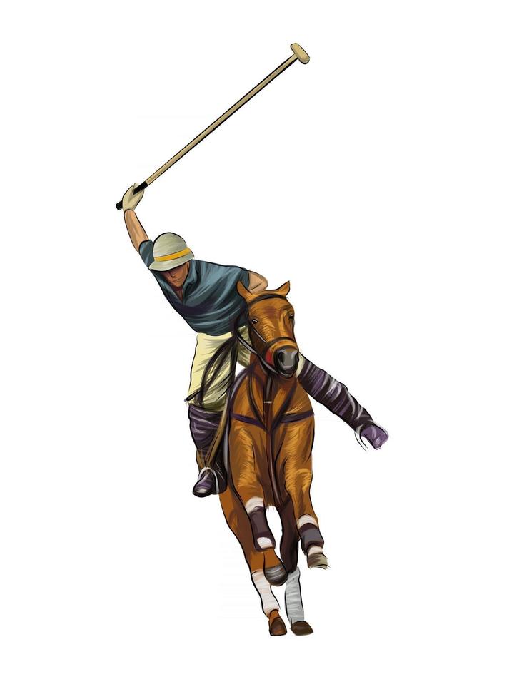Reiterpolo mit einem Jockey aus Aquarellspritzern, farbiger Zeichnung, realistisch, Reiten. Vektor-Illustration von Farben vektor