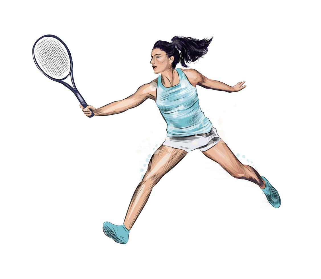 abstrakt tennisspelare med en racket från stänk av akvareller, färgad teckning, realistisk. vektor illustration av färger