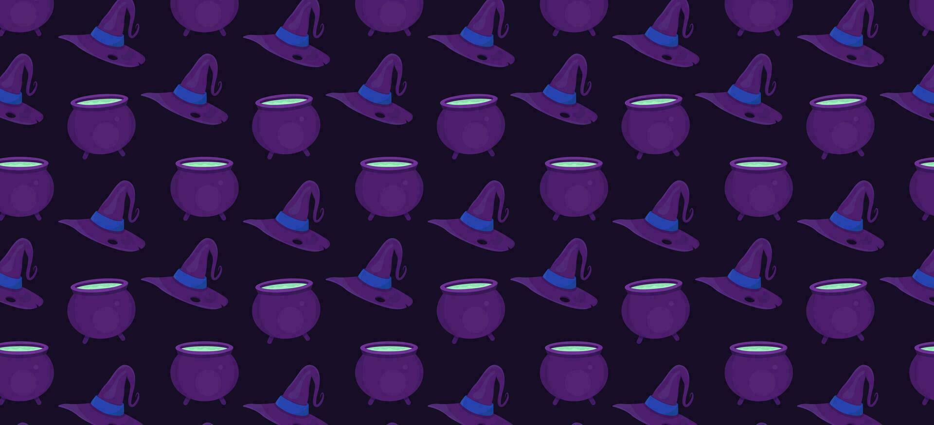 sömlös mönster med häxa hatt och kittel på lila bakgrund. halloween vektor textur. Lycklig halloween. vektor illustration