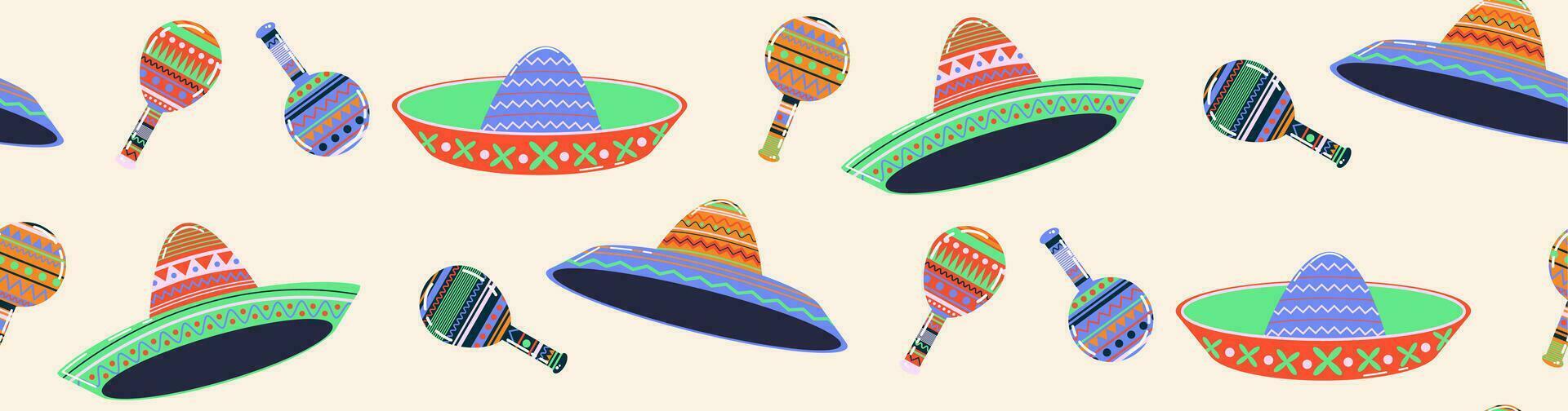 nahtlos Muster Mexikaner maracas. Musical Instrument maracas. Sombrero, Karikatur Stil Marakas, Schädel, Gitarre, Kaktus. Mexikaner Urlaub Attribut, traditionell Latein Musical Instrument. vektor