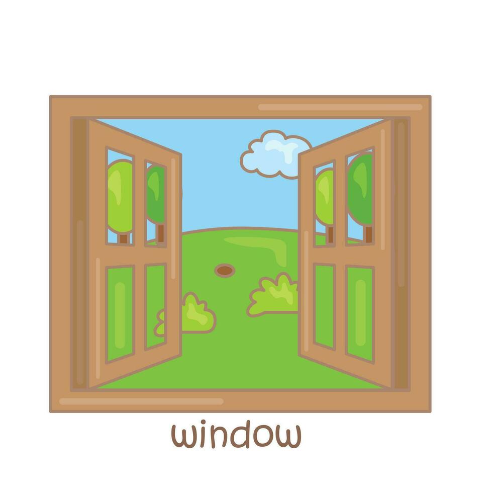 Alphabet w zum Fenster Wortschatz lesen Schule Lektion Karikatur Illustration Vektor Clip Art Aufkleber