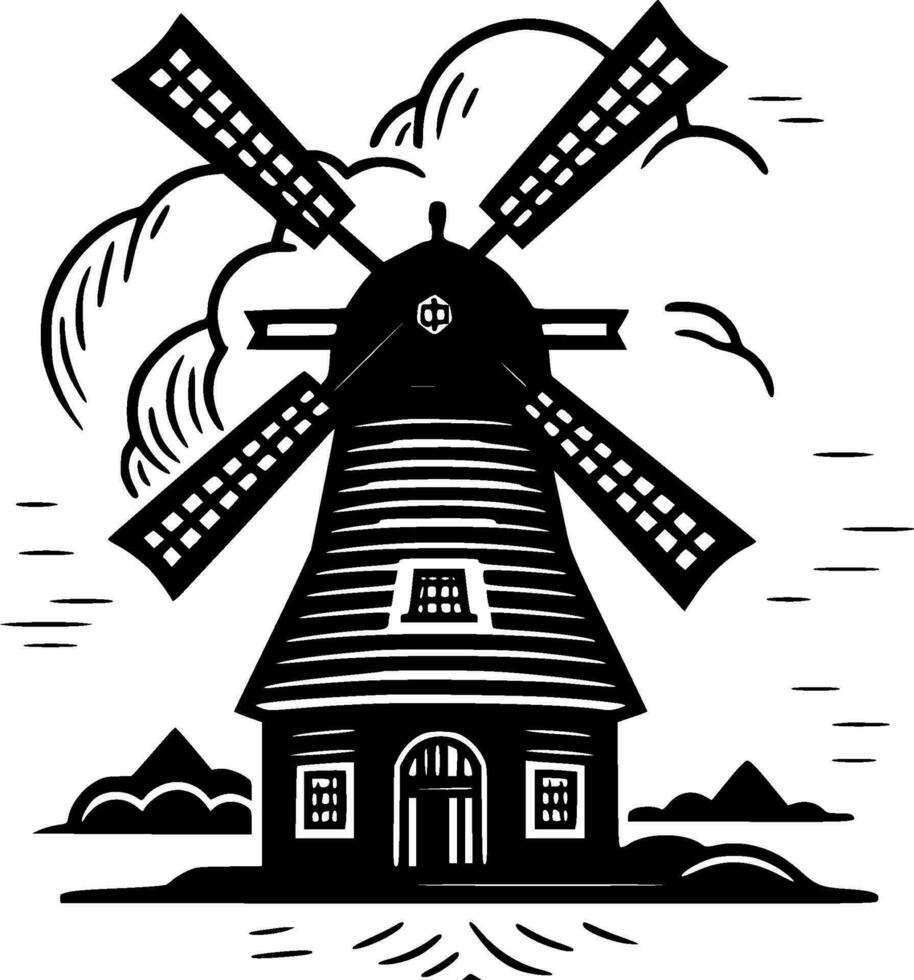 väderkvarn, svart och vit vektor illustration