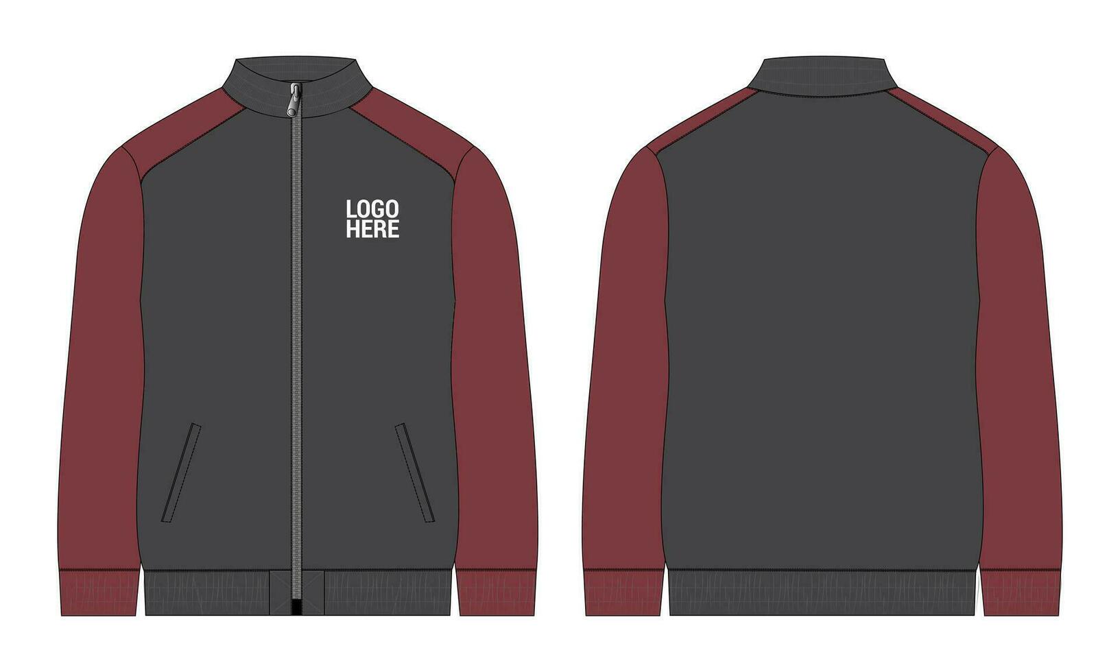 lange Ärmel Reißverschluss mit Tasche Trainingsanzüge Jacke Sweatshirt technisch Mode eben skizzieren Vektor Illustration Vorlage Vorderseite und zurück Sicht.