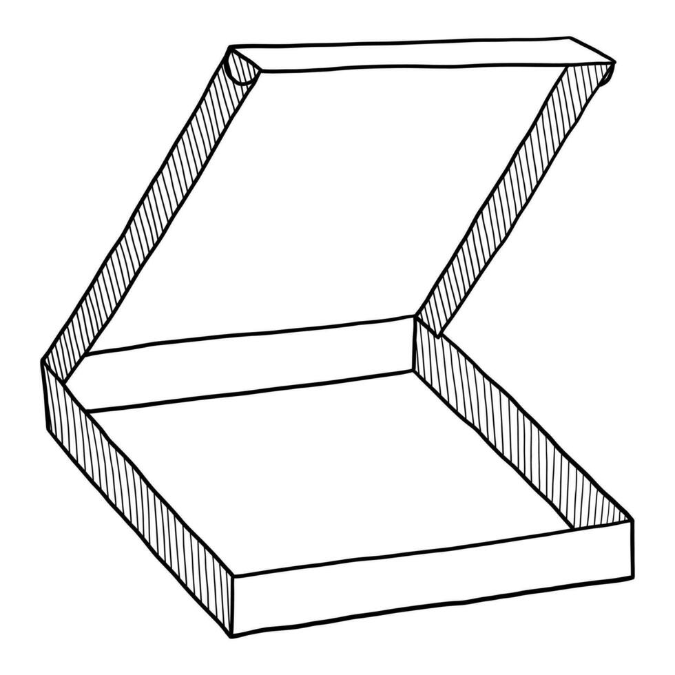 schwarz Vektor isoliert auf ein Weiß Hintergrund Gekritzel Illustration von ein öffnen Karton Pizza Box