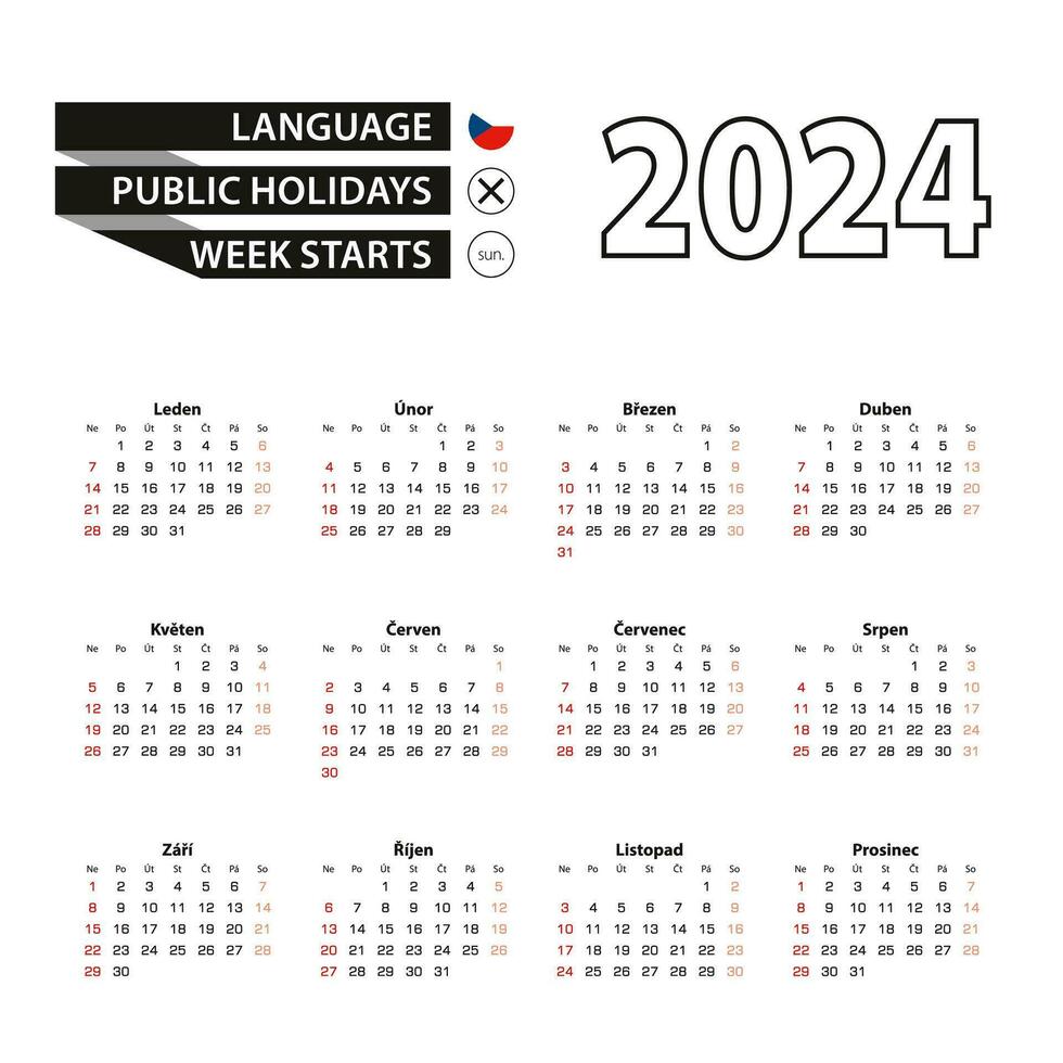 2024 kalender i tjeck språk, vecka börjar från söndag. vektor