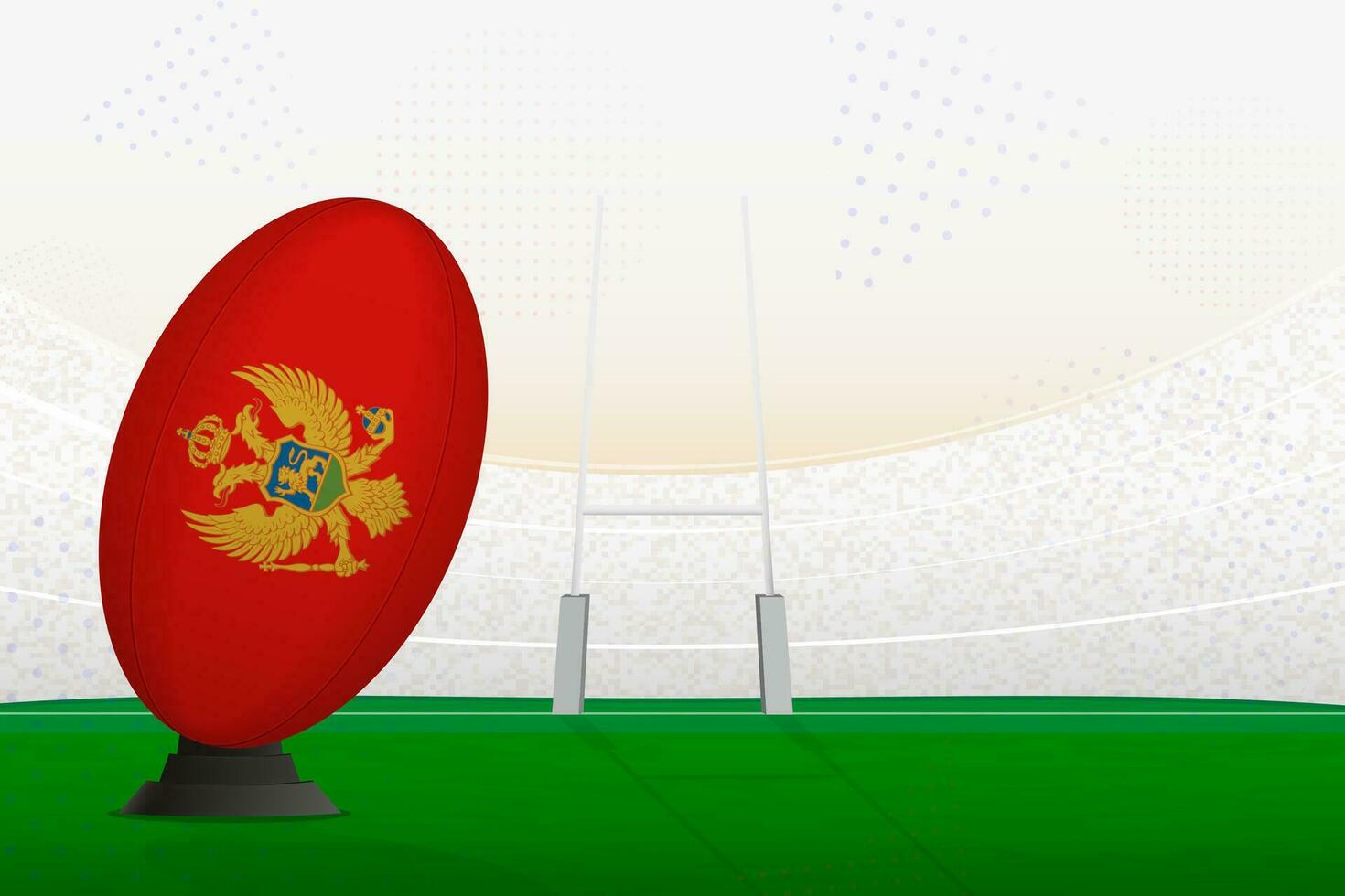 Montenegro National Mannschaft Rugby Ball auf Rugby Stadion und Tor Beiträge, vorbereiten zum ein Strafe oder kostenlos trete. vektor