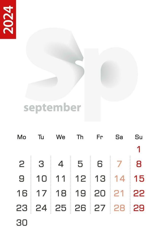 minimalistisch Kalender Vorlage zum September 2024, Vektor Kalender im Englisch.