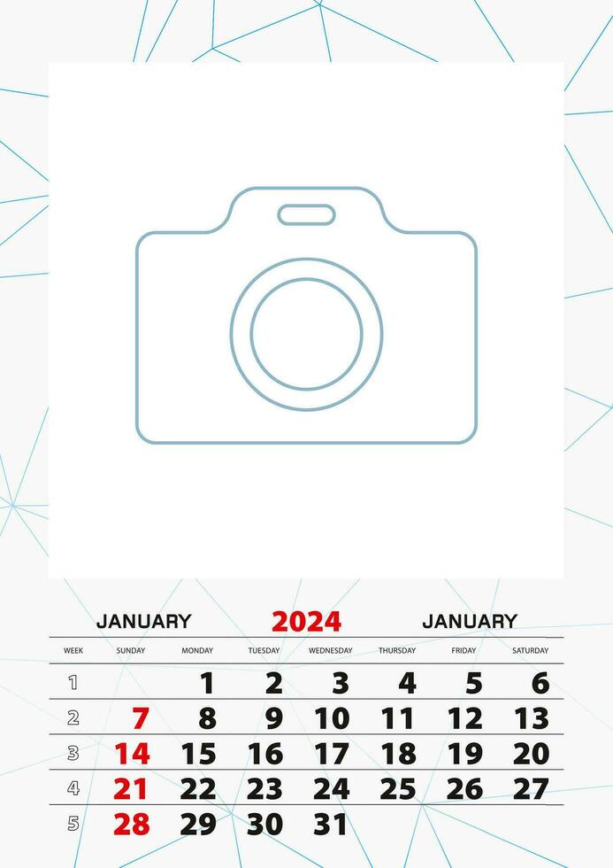 vägg kalender planerare mall för januari 2024, vecka börjar på söndag. vektor