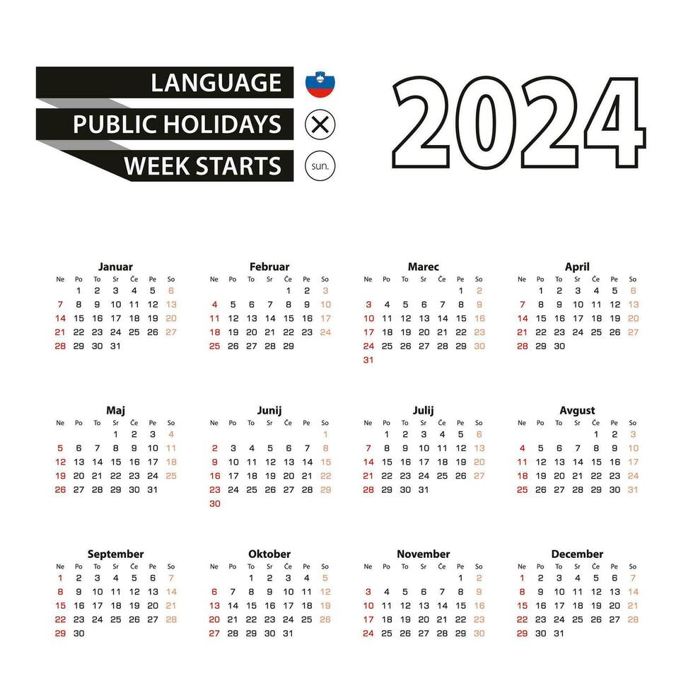 2024 kalender i slovenska språk, vecka börjar från söndag. vektor