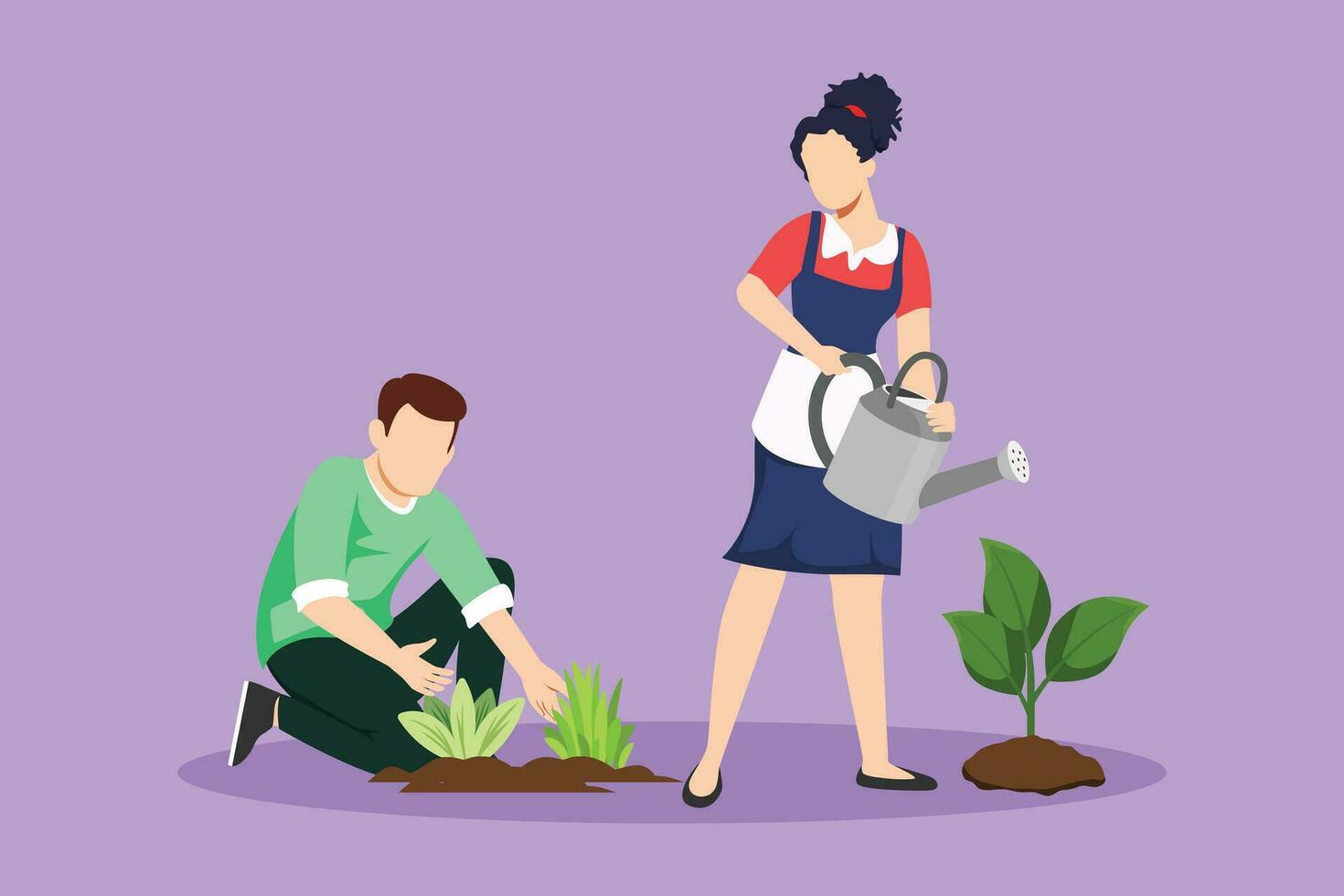 Karikatur eben Stil zeichnen Mann Frau Gartenarbeit Pflanzen. Menschen wachsend Anlage, Grüns auf Boden, Versammlung Ernte. Mann kniend, Ehefrau mit Wasser können Pflanzen Blumen. Grafik Design Vektor Illustration