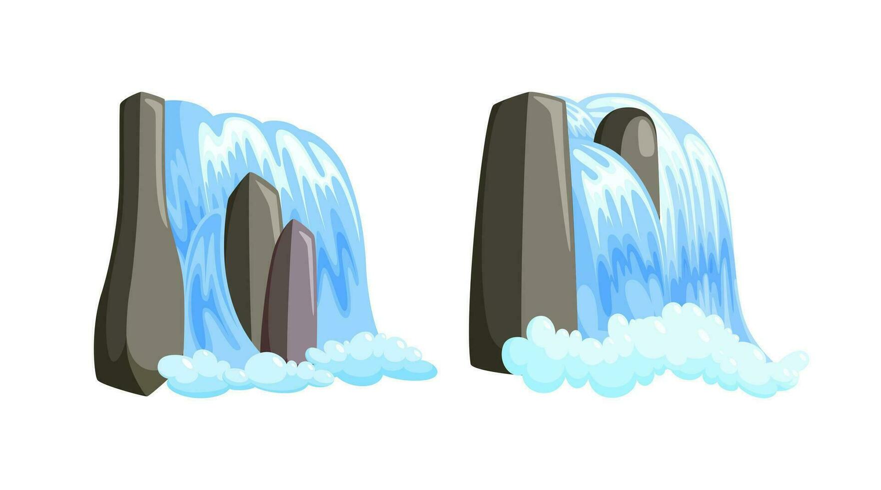vattenfall kaskad strömning ner med skum. uppsättning av saga kaskad av blå vatten isolerat i vit bakgrund. vektor illustration