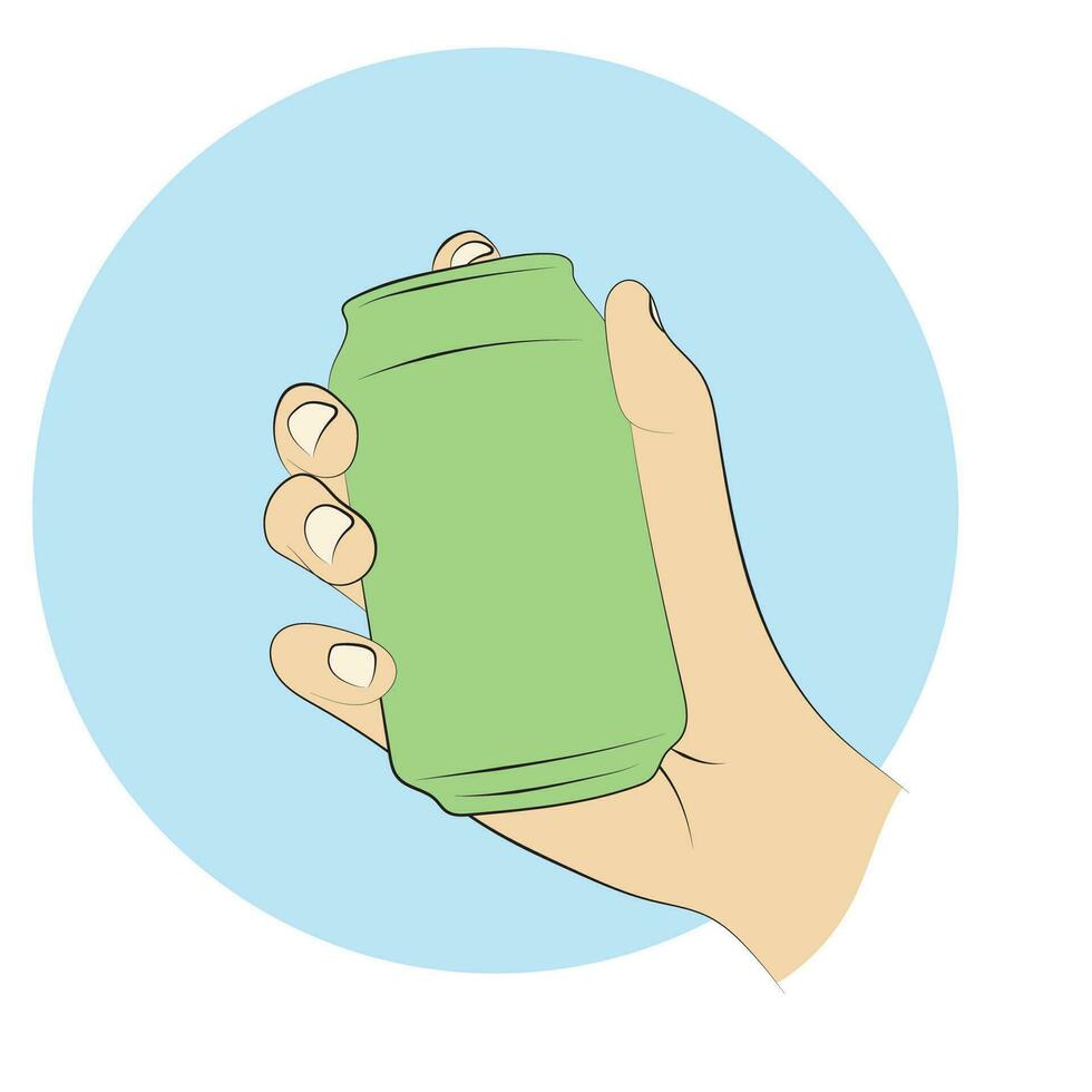 närbild hand innehav grön öl kan illustration vektor hand dragen isolerat på vit bakgrund