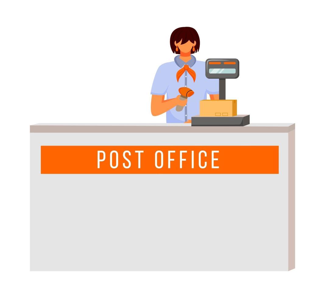postkontor kvinnlig arbetare platt färg vektorillustration. kvinna kontrollerar och skannar paket. efter leveransprocessen. paket insamlingsplats isolerad seriefigur på vit bakgrund vektor