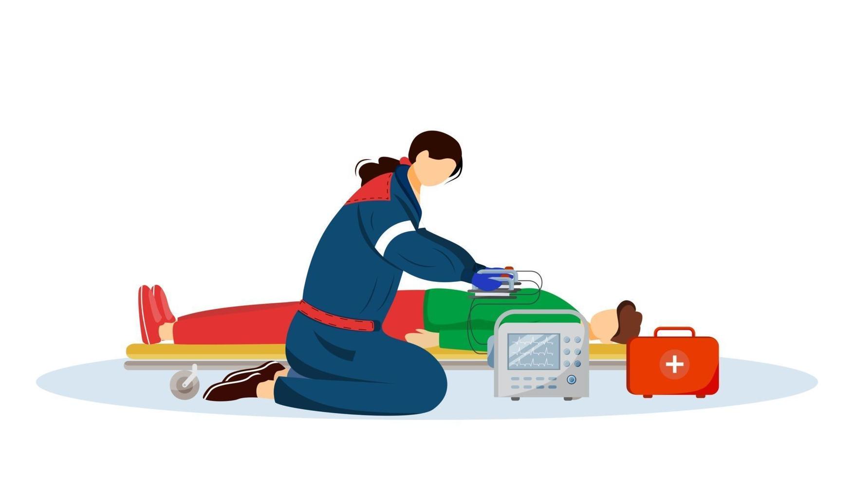 Sanitäter, der Erste Hilfe mit flacher Illustration des Defibrillators leistet. Notarzt, Sanitäter und verletzte Patientenzeichentrickfiguren. Reanimation, Notfallmediziner, Retter isoliert auf weiß vektor