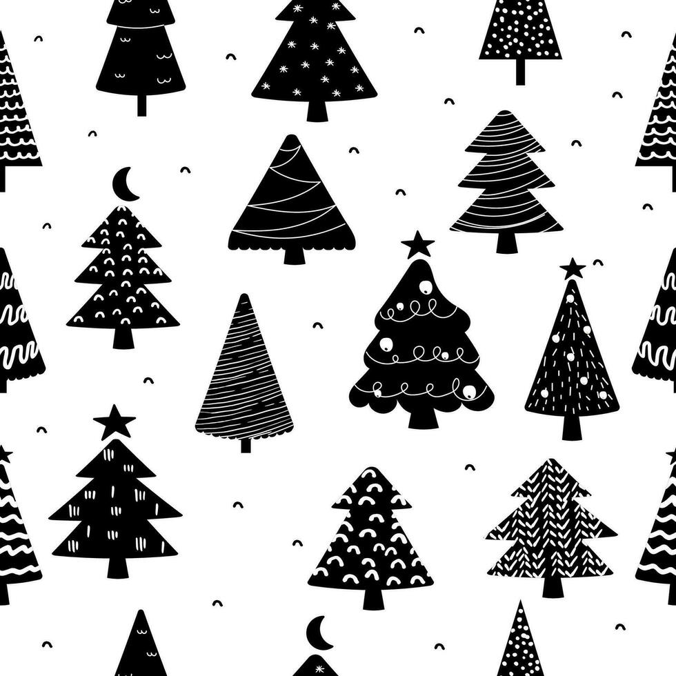 sömlös mönster av jul hand dragen jul träd silhuett, svart och vit vektor