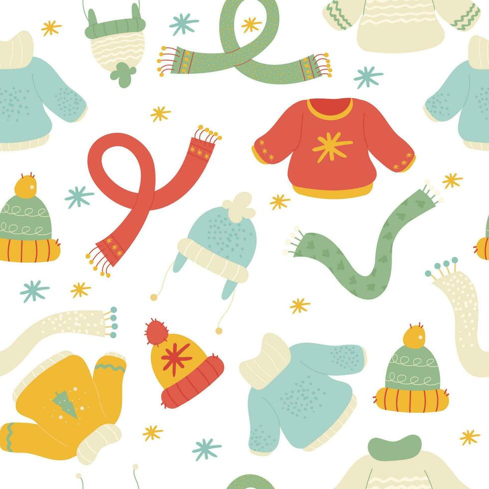 sömlös mönster av jul hand dragen vinter- kläder översikt. Tröja, hatt, scarf vektor