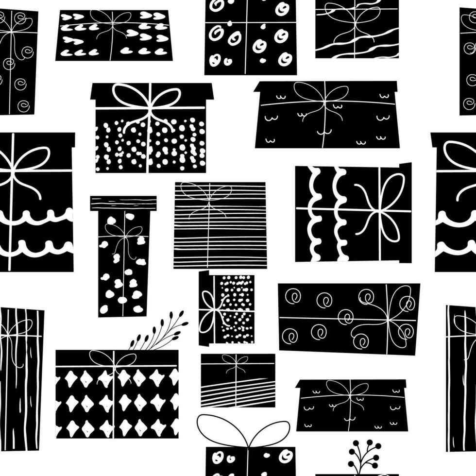 webbsömlös mönster av jul hand dragen silhuett, svart och vit gåva låda vektor