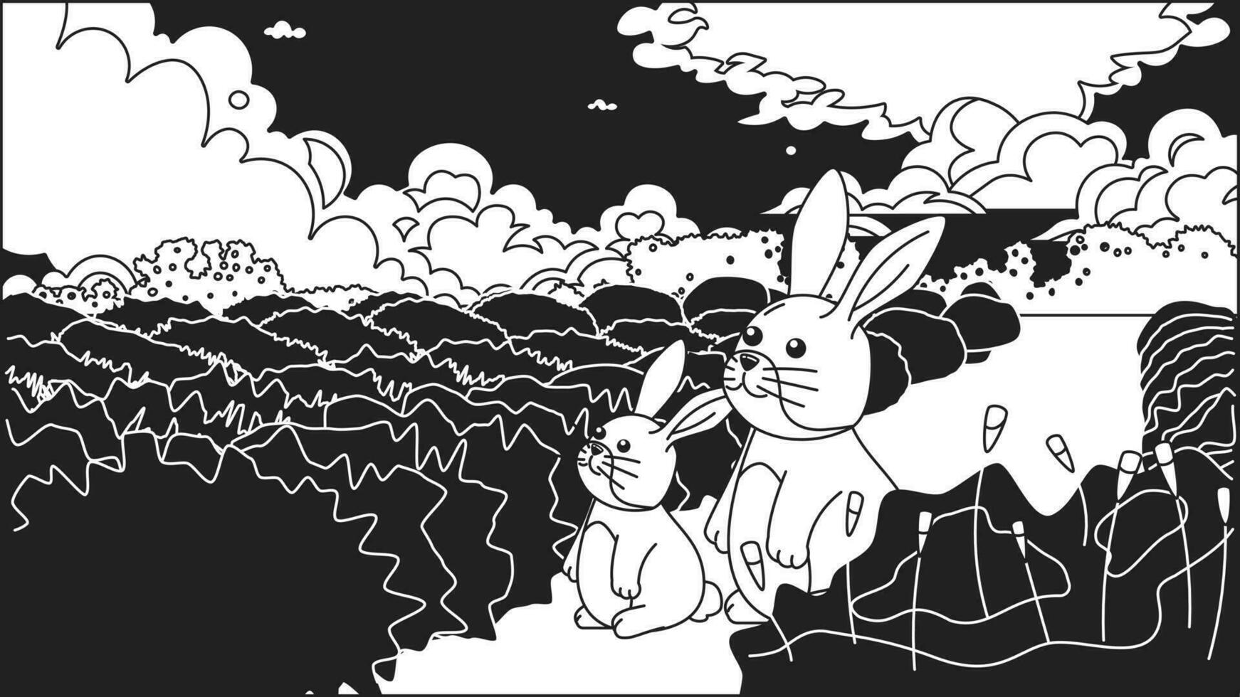 kawaii Kaninchen schwarz und Weiß süß Ausruhen siehe da fi Hintergrund. Hasen Sitzung. ziemlich Tiere linear 2d Vektor Karikatur Charakter Illustration, einfarbig lofi Anime Hintergrund. bw 90er Jahre kawaii ästhetisch