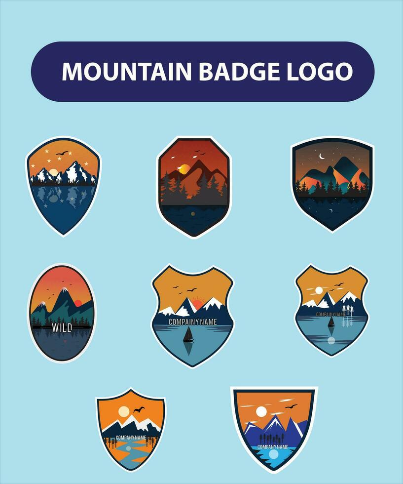 uppsättning av nio berg resa emblem. camping utomhus- äventyr emblem, märken och logotyp plåster. berg turism, vandring. skog läger etiketter i årgång stil vektor
