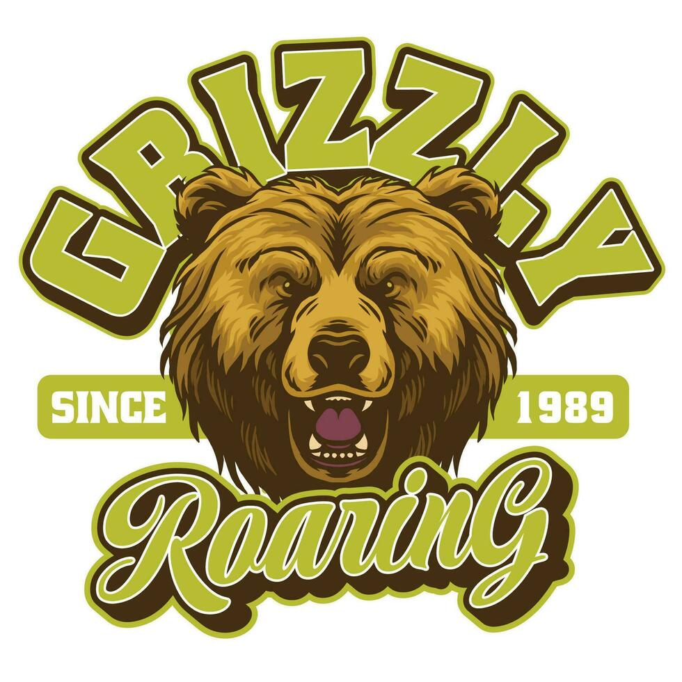 t-shirt design av rytande grizzly Björn full Färg i årgång design vektor