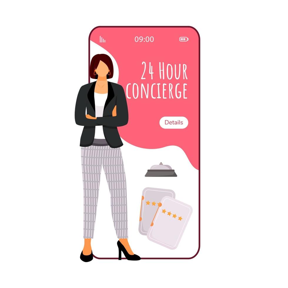 concierge tecknad smartphone vektor app skärm. mobiltelefon display med administratör platt karaktär design mockup. kundsupport, administration. hotellserviceapplikation telefongränssnitt