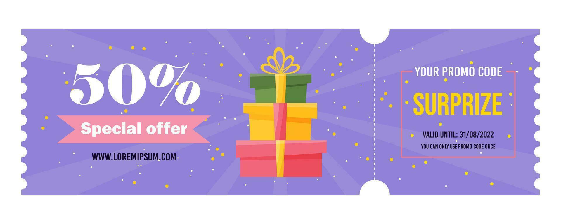 Geschenk Gutschein zum Geburtstag. Coupon Zertifikat zum ein Rabatt mit ein Promo Code. egift Karte Hintergrund zum online Einkaufen vektor