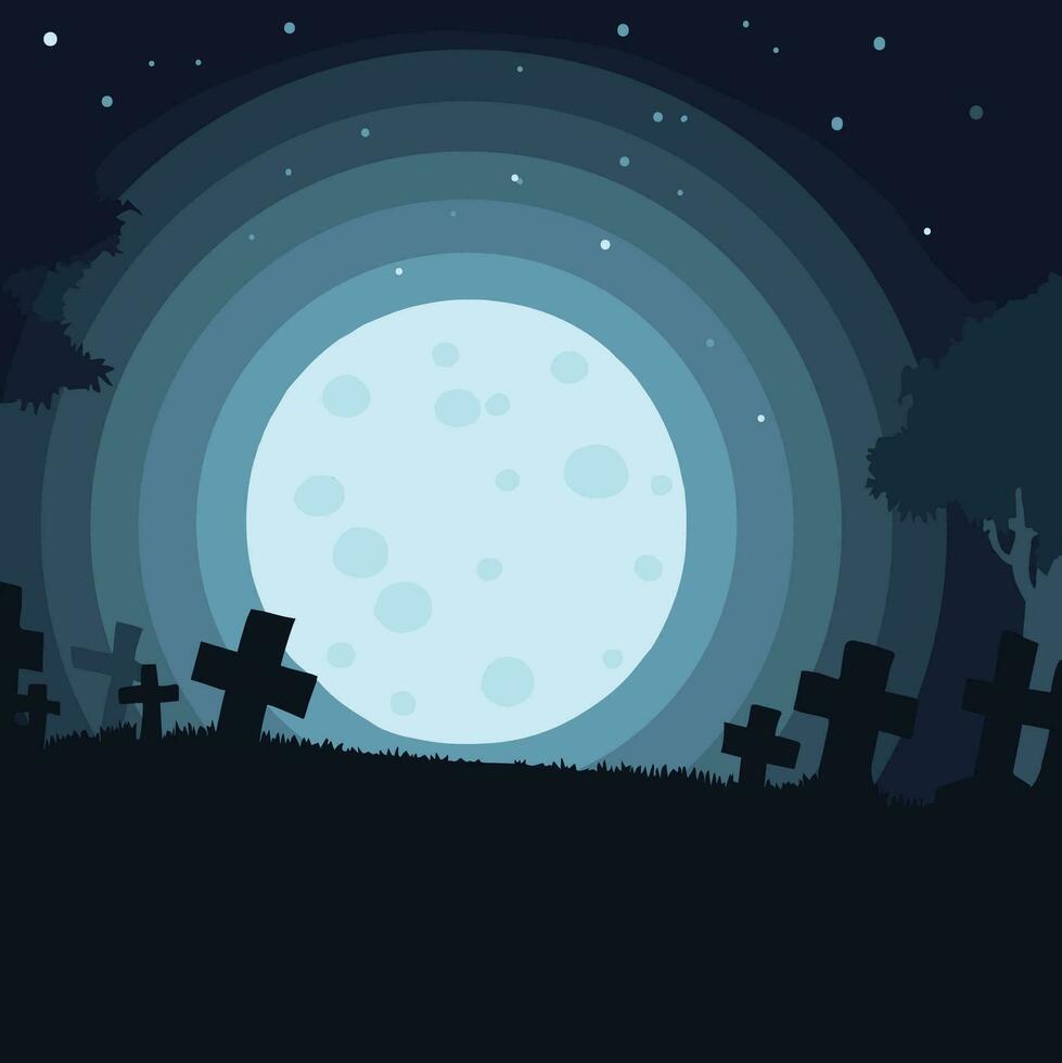 steg in i en fängslande värld av mysterium med detta efterhängsen kyrkogård illustration, uppsättning under en djup blå natt himmel och en vibrerande måne belysande de skuggor. vektor illustration.
