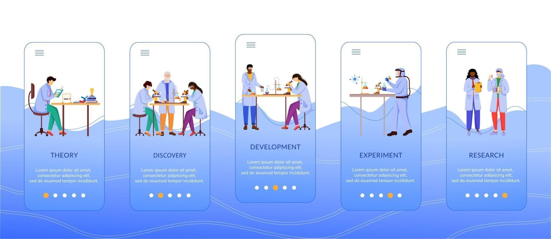 Methoden der wissenschaftlichen Forschung beim Onboarding der Bildschirmvektorvorlage für mobile Apps Arbeit des Wissenschaftlers. Walkthrough-Website-Schritte mit flachen Zeichen. ux, ui, gui Smartphone-Cartoon-Schnittstellenkonzept vektor