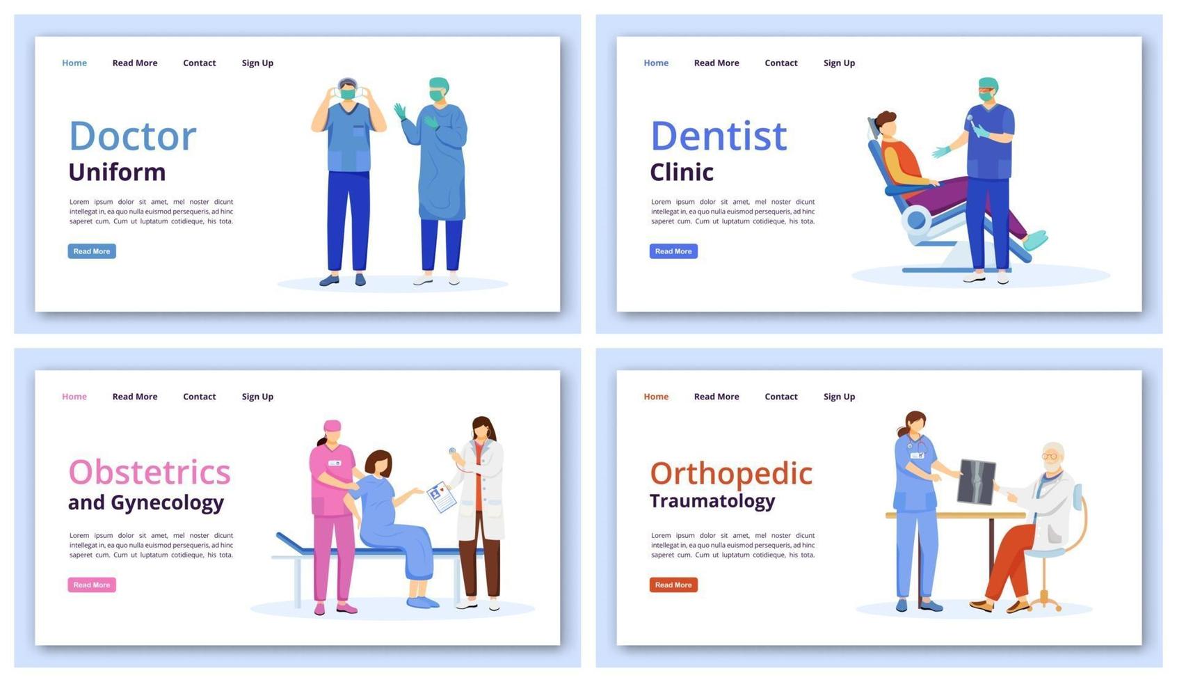 Vektorvorlagen für Landingpages für Medizin und Gesundheitswesen festgelegt. zahnklinik-website-schnittstellenidee mit flachen illustrationen. Layout der Homepage für Geburtshilfe und Gynäkologie. Webbanner, Webseiten-Cartoon-Konzept vektor