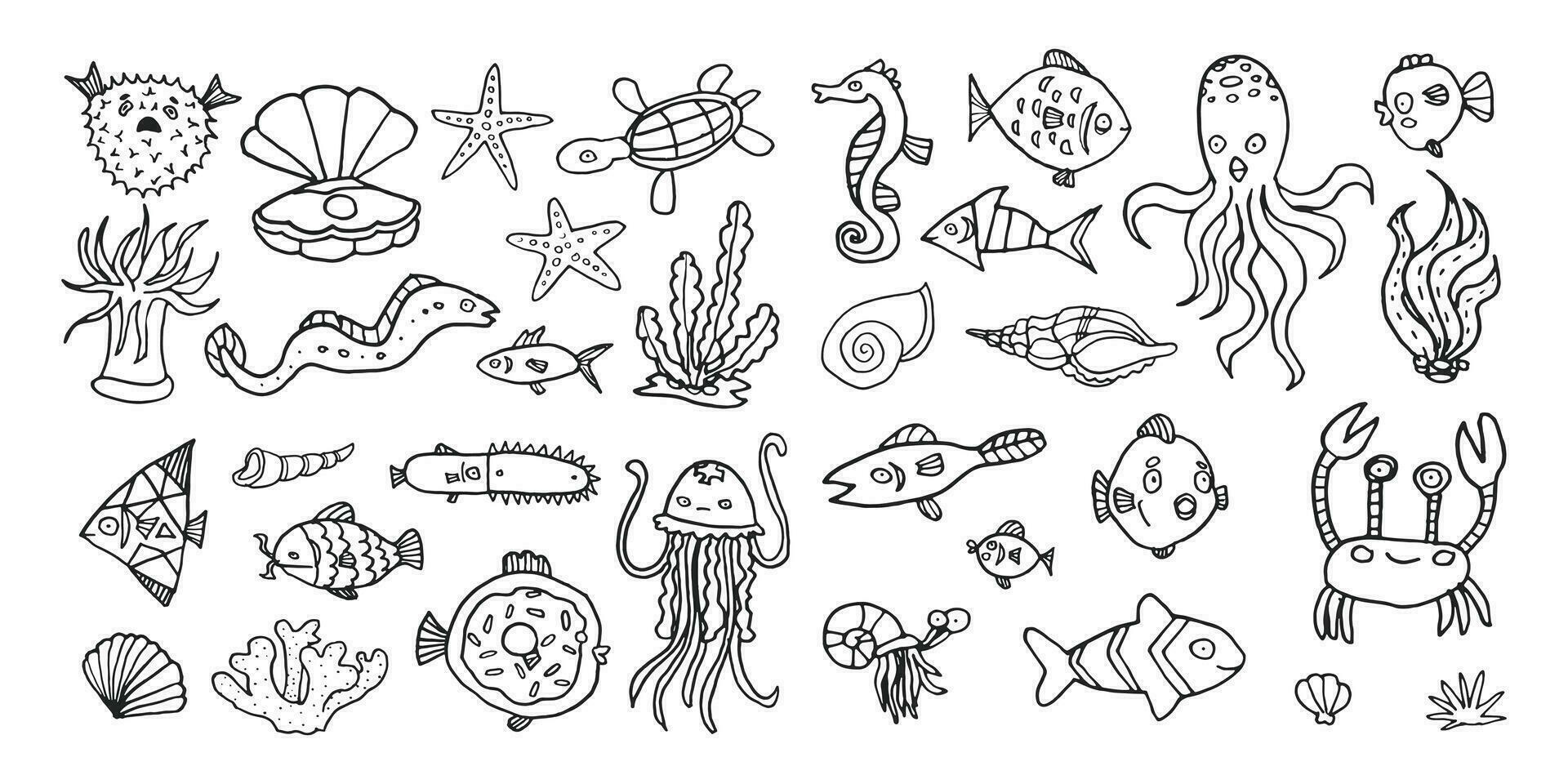 uppsättning av vektor hand dragen hav djur och fisk, tropisk hav översikt klotter samling, under vattnet liv akvarium för barn