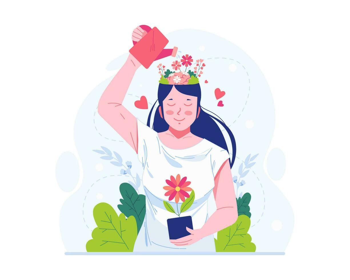 värld mental hälsa dag begrepp illustration. en kvinna vattning blommor växande i henne huvud. psykologisk Stöd, friska sinne, och positiv tänkande vektor