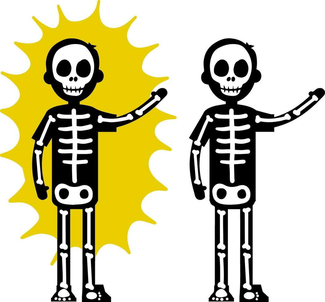 elektrisk chock. de silhuett av de skelett och de gul blixt- blixt. halloween kostym. farlig högspänning skada. de problem av säkerhet. mänsklig röntgen. tecknad serie platt illustration vektor