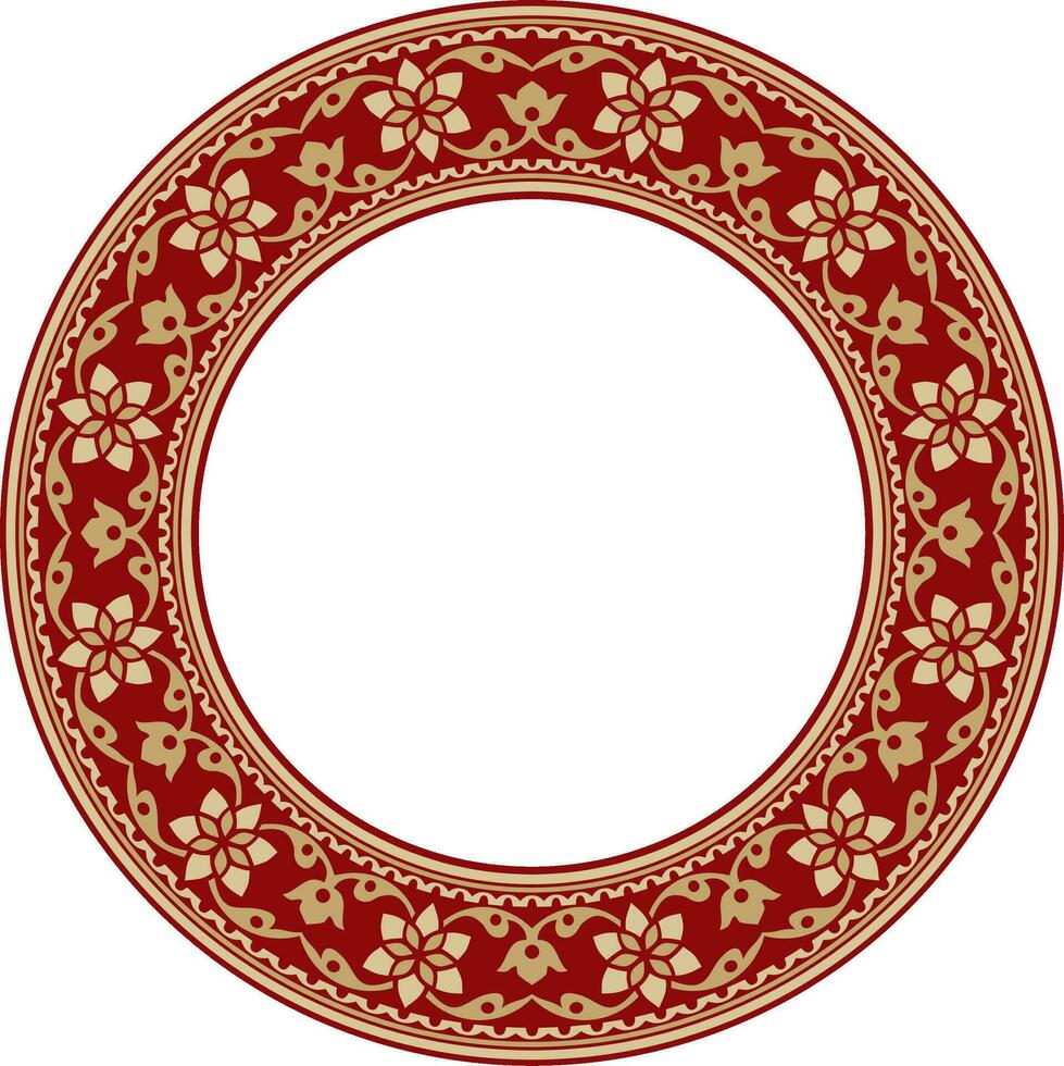 vektor runda guld med röd indisk nationell prydnad. etnisk växt cirkel, gräns. ram, blomma ringa. vallmo och löv..