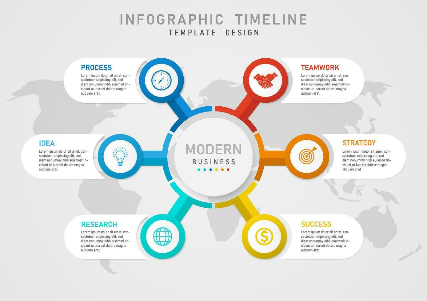 infographic tidslinje mall 6 steg företag förvaltning planera flerfärgad cirklar med vit cirklar och ikoner i de mitten av de vit ram, vänster och rätt sidor med brev. Karta Nedan vektor