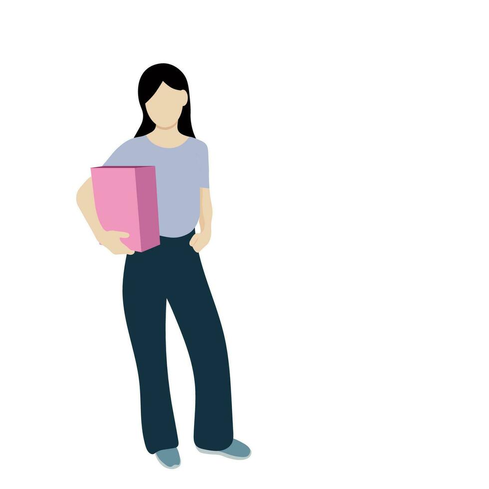 Porträt von ein Mädchen im voll Wachstum, mit einer Hand sie hält ein Papier Tasche, das zweite Hand ist im ihr Tasche, isolieren auf Weiss, Einkaufen, gesichtslos Illustration, Geschenk vektor