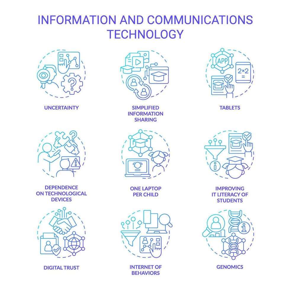 information och kommunikation teknologi blå lutning begrepp ikoner uppsättning. ict utveckling aning tunn linje Färg illustrationer. isolerat symboler vektor